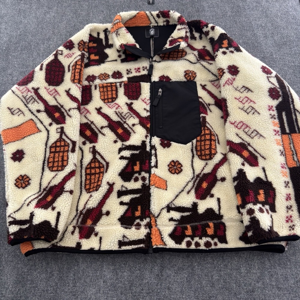 QILO X WRMFZY Sherpa Fleece Jacket All Over Print Mens 2XL Grenade Helicopter
